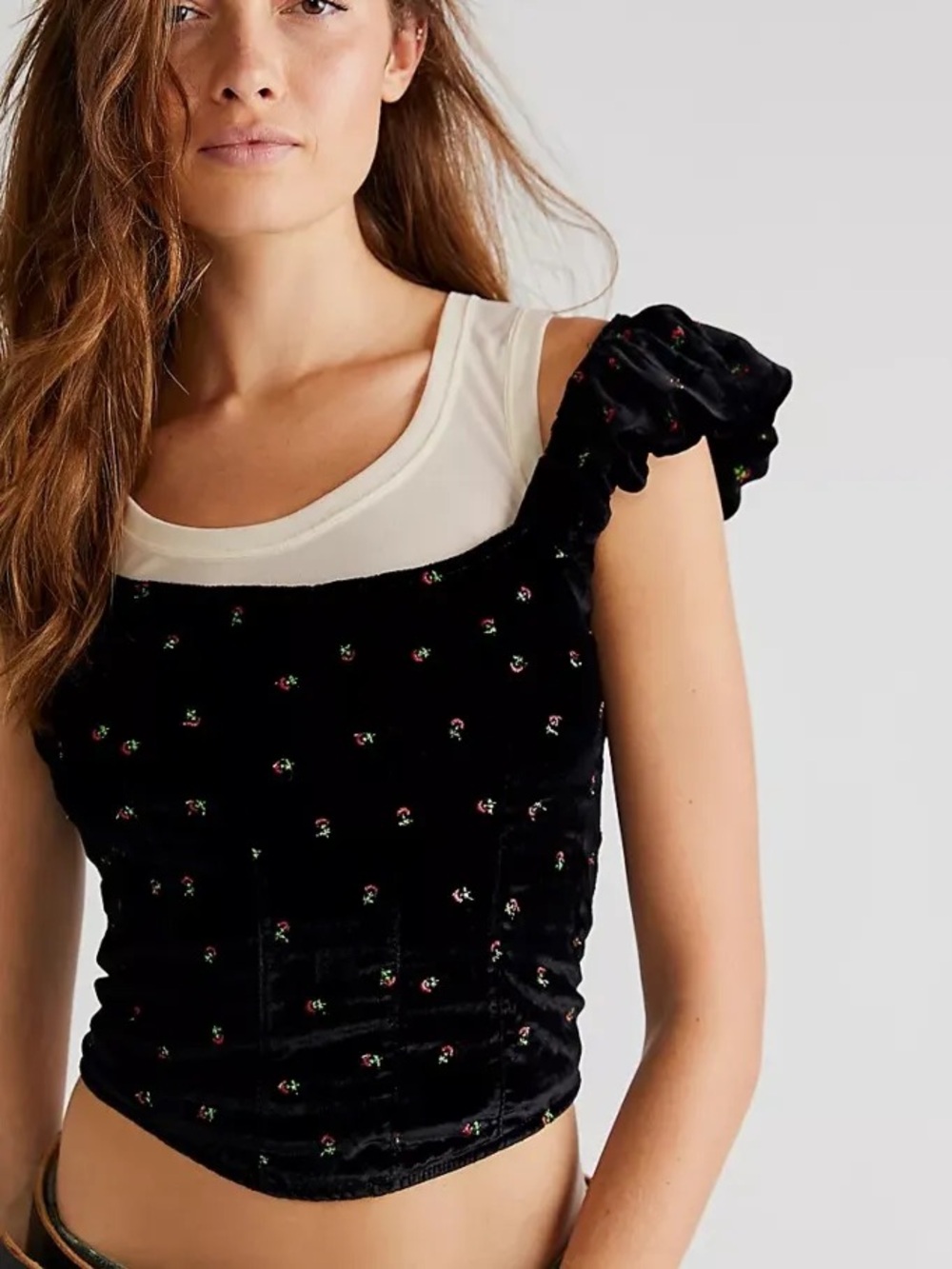 Free People Velvet Corset top ruffle sleeve floral black Whimsy Goth 🖤